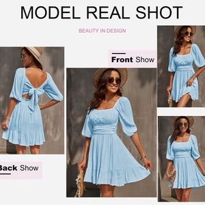 COPY - Square Neck Summer Dress Tie Back Long Lantern Sleeve Ruffle A-Line Mini…